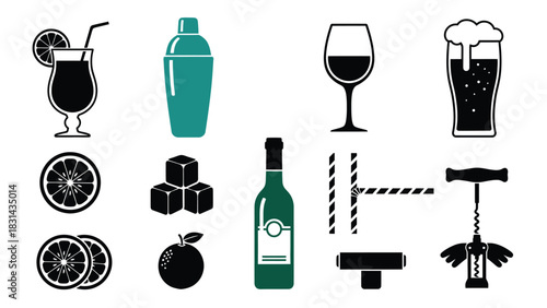 Cocktail and bar vector icon set for drink and beverage design
