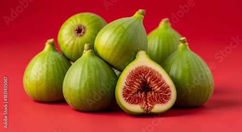 A group of fresh green figs, one cut in half revealing the red interior, set against a vibrant red background.