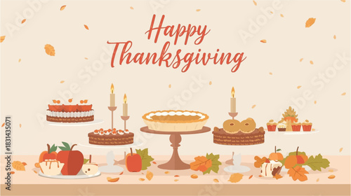 A festive Thanksgiving illustration depicts a table laden with delicious pies, cakes, candles, and seasonal decorations, creating a warm holiday scene.