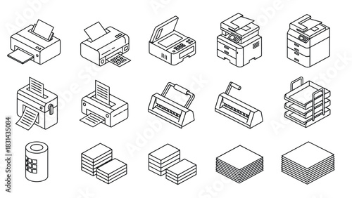 Isometric office equipment vector illustration set design