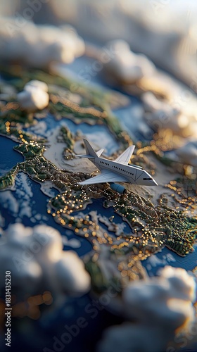 A miniature airplane flies over a detailed globe with clouds, representing travel and global connectivity. The scene is lit with dramatic lighting.