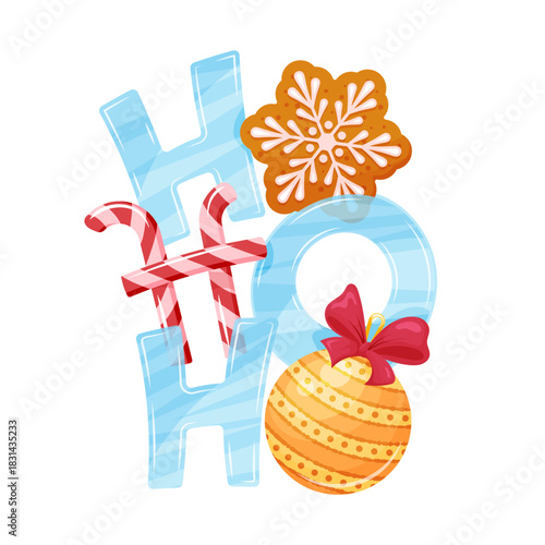 Ho-ho-ho text, christmas balls and ginger cookies , cheerful holiday greeting frame