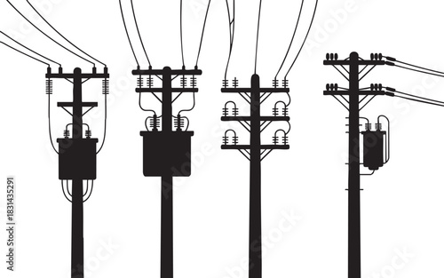 Silhouette of diverse power poles and utility lines against a white background
