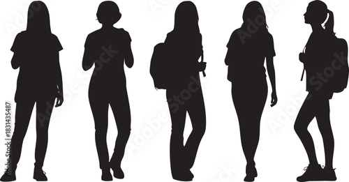 Silhouette of female students with backpacks isolated on white background