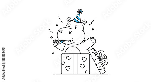 Cute cartoon hippo wearing a party hat, blowing a party horn, and joyfully emerging from an open gift box with hearts.
