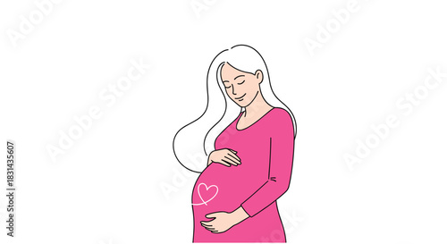 A beautiful pregnant woman in a pink dress gently holds her belly with a heart drawn on it, radiating love and anticipation for her baby.
