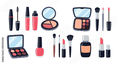 A diverse collection of colorful makeup products and beauty tools, including eyeshadow palettes, lipsticks, mascaras, and brushes.