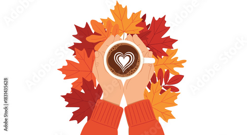Cozy autumn moment with hands in a warm sweater holding a cup of hot coffee with heart latte art, surrounded by vibrant fall foliage.