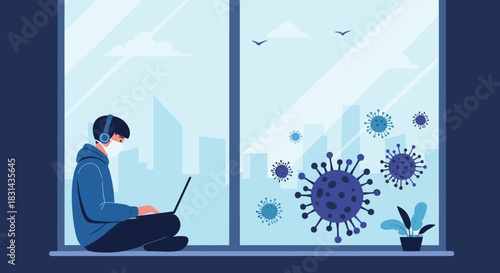 Young person in mask and headphones works on laptop by window, city view beyond, surrounded by virus illustrations during pandemic.