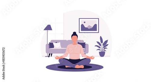 A person practicing mindful meditation at home, sitting in a lotus pose on a round mat in a calm and minimalist living room setting.