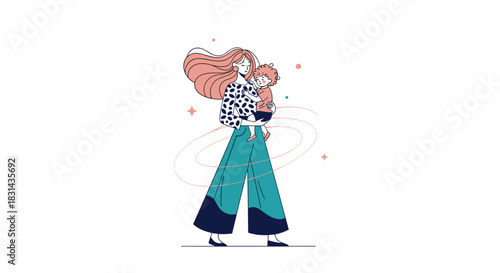 A long-haired mother with a dotted shirt carries her child, walking amidst abstract swirling lines and stars in a modern illustration.