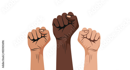 Three raised fists of diverse skin tones symbolizing unity, strength, and solidarity in the face of social justice and human rights movements.