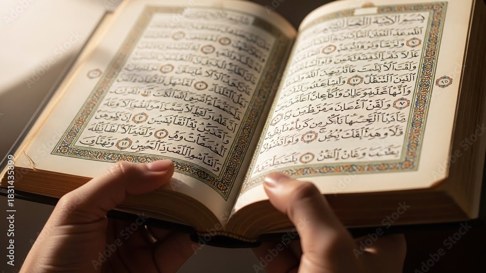 Fototapeta premium Person reading the Holy Quran, holding the sacred book, seeking spiritual guidance and blessings during Ramadan, with faith, peace and devotion