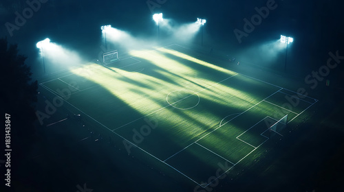 Empty soccer field under night stadium lights
