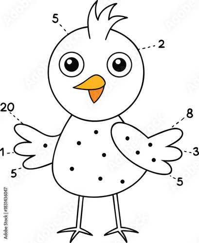 Outline drawing of a cartoon chick with numbers for counting or coloring bird