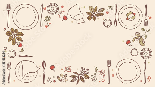 An elegant illustration of a dining table setting, featuring plates, cutlery, and decorative floral elements, perfect for culinary and event design.
