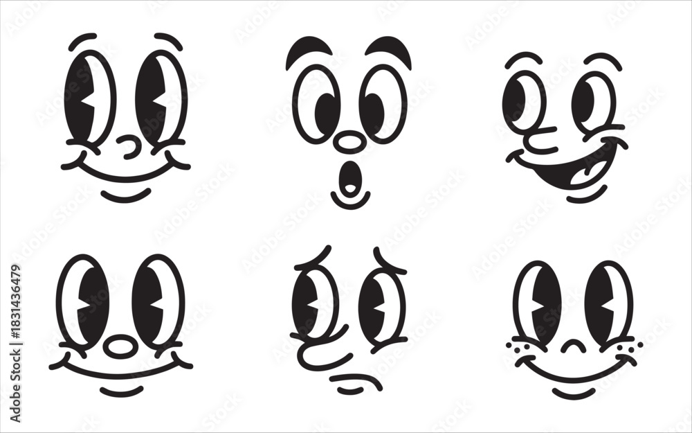 Obraz premium Six expressive vintage cartoon faces showcasing diverse feelings
