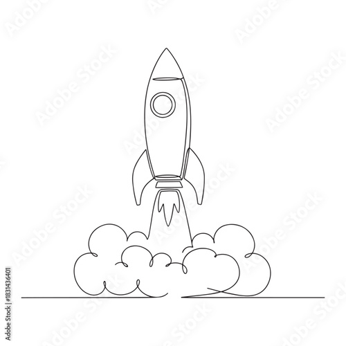 Continuous line drawing of a rocket launch with smoke icon art