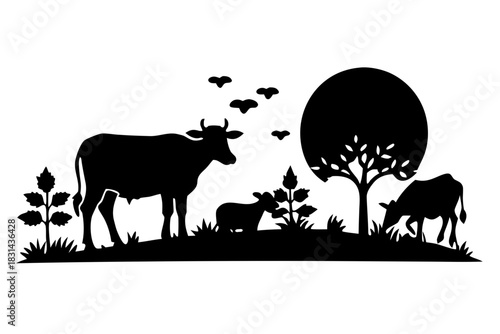 Green Field Natural Elements Cows Goats Silhouette Vector