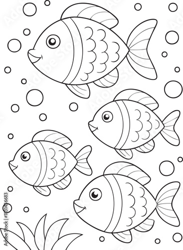 Outline of happy cartoon fish with bubbles and seaweed, perfect for children's coloring pages and educational fun.