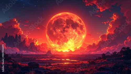 Large, fiery celestial body amidst a vibrant, dramatic, red landscape
