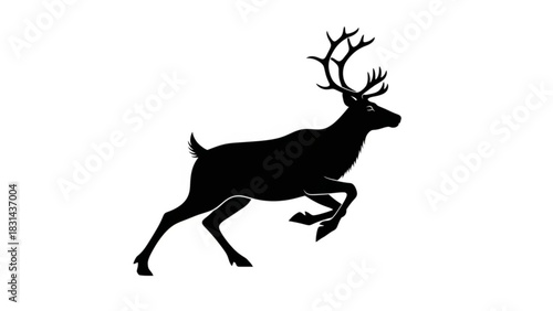 Silhouette of a majestic reindeer with large antlers leaping or running dynamically, for graphic design use