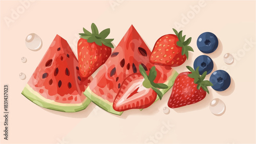 A vibrant illustration showcases refreshing watermelon slices, juicy strawberries, and plump blueberries, perfect for summer treats and healthy eating.