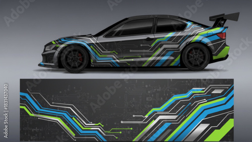 A sporty car with a vibrant, colorful circuit board-inspired graphic wrap design, showcasing the full pattern below.