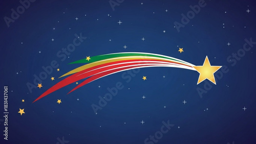 Vibrant illustration of a stylized shooting star with a multicolored tail streaking across a deep blue night sky filled with tiny scattered stars