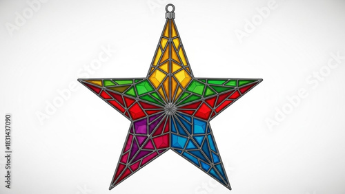 Colorful stained glass fivepointed star ornament with intricate geometric pattern hanging from a small loop