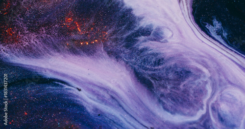 Art emulsion. Ink wave. Sparkling marble white purple liquid abstract texture. Color orange particles flow defocused blue background.
