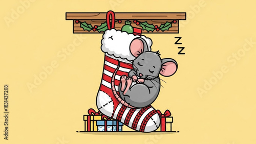 A cute cartoon illustration of a small gray mouse sleeping soundly curled up inside a red and white striped christmas stocking hanging from a mantelpiece with presents below