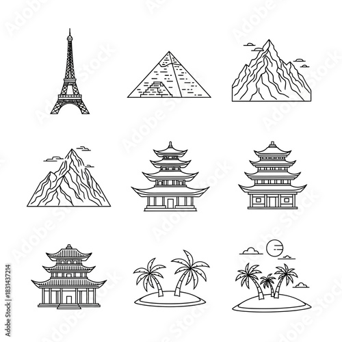 Iconic global landmarks and travel destinations showcased with clean, modern line art for diverse design projects