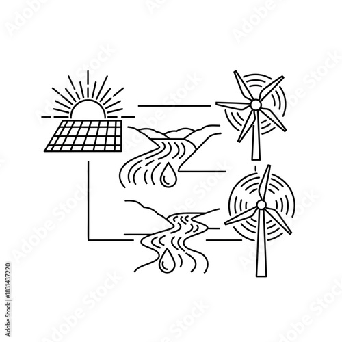 Harnessing nature's power solar wind hydro energy solutions for a sustainable future visualized in clean line art
