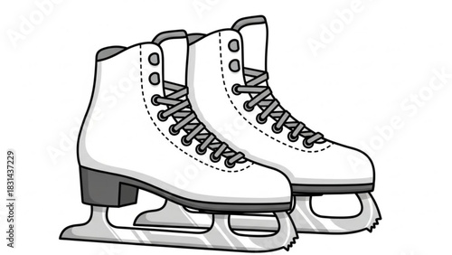 A pair of white figure ice skates with blades, detailed illustration of winter sports footwear