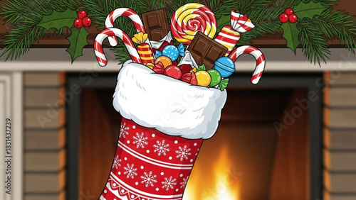 A festive christmas stocking overflowing with colorful candy, chocolate, and lollipops, hanging above a warm, glowing fireplace decorated with evergreen garland
