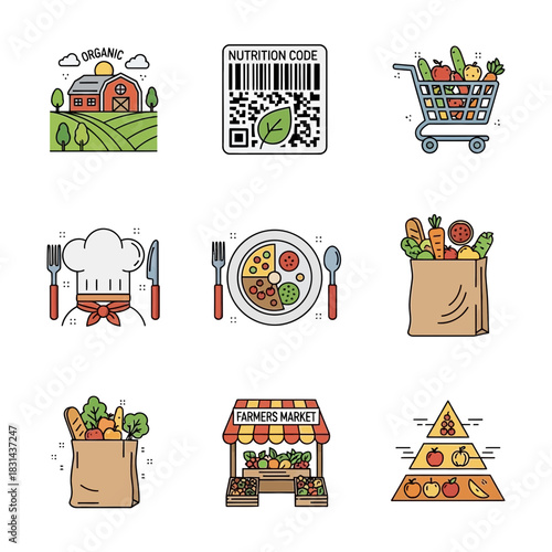 Vibrant collection of icons celebrating healthy eating, organic farming, and fresh food shopping experiences for modern consumers
