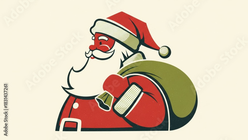 Stylized illustration of santa claus in profile view, wearing his classic red suit and hat, carrying a large green sack filled with gifts over his shoulder for christmas