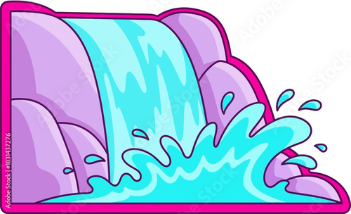 Vibrant Cartoon Waterfall with Splashing Water and Purple Rocks.