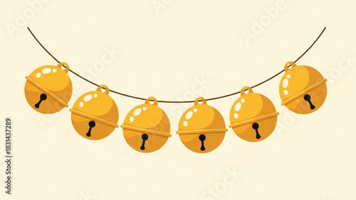 A charming illustration of a string of six bright yellow jingle bells hanging in a gentle curve against a pale cream background, perfect for holiday decoration themes