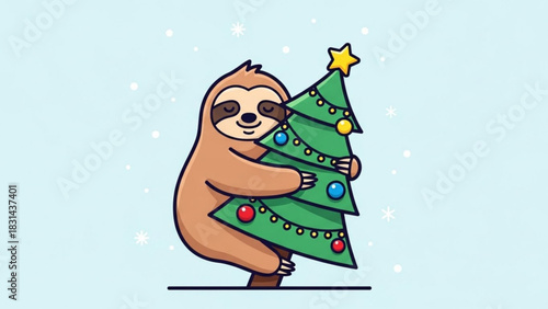 Cute cartoon sloth hugging a decorated christmas tree with ornaments and a star on top, set against a light blue snowy background, perfect for holiday cheer