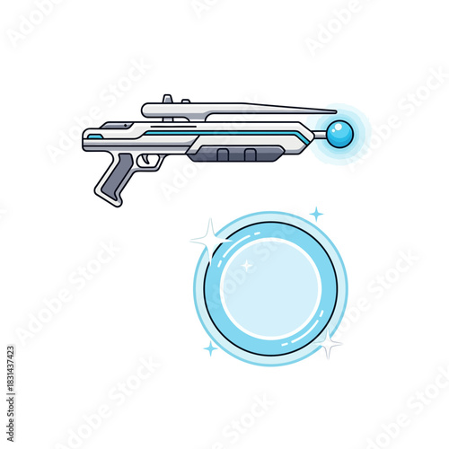 Sleek futuristic energy blaster and glowing energy orb create dynamic sci-fi scenes for games and technology concepts.