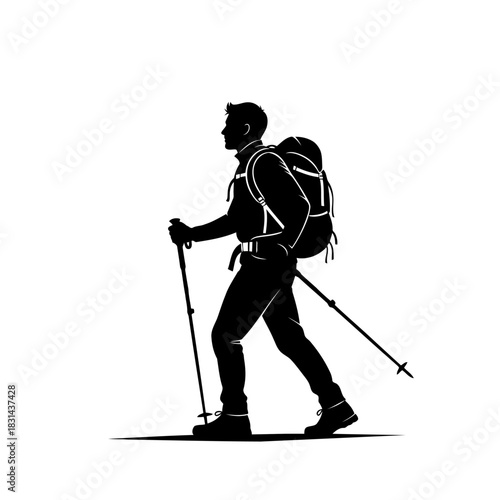 Vector silhouette of male hiker with backpack and trekking poles
