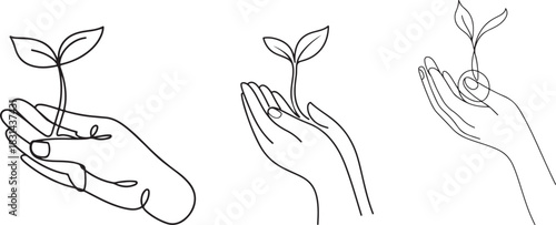 Hands holding sprout in continuous line art