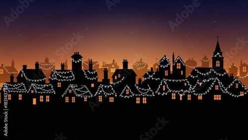 Silhouette of a charming, oldfashioned town skyline at dusk or night, adorned with twinkling string lights across the rooftops, suggesting a festive or holiday atmosphere