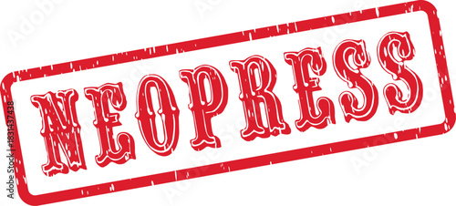 Vivid red NEOPRESS stamp with a weathered grunge effect for professional publishing and announcements