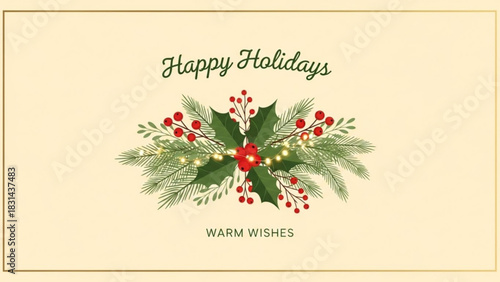 A festive holiday greeting card featuring a central arrangement of green pine branches, bright red holly berries, and small warm lights on a pale cream background with elegant script