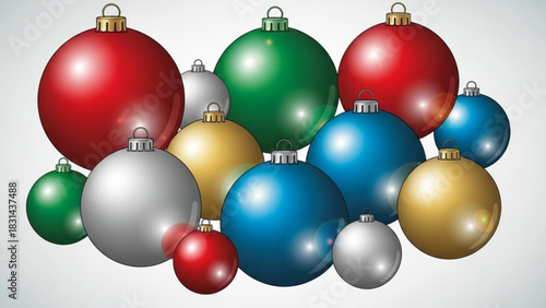 A vibrant collection of assorted colorful christmas tree ornaments in various sizes, featuring glossy red, green, blue, silver, and gold baubles against a light background