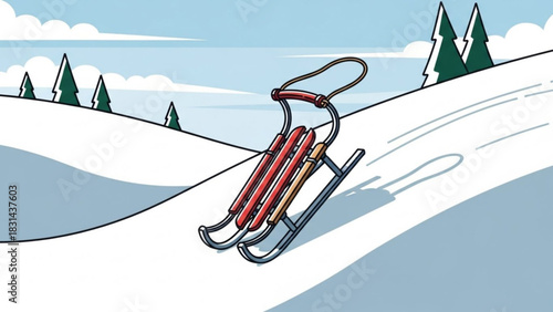 A classic red wooden sled resting on a snowy hill slope with evergreen trees visible in the background under a bright winter sky