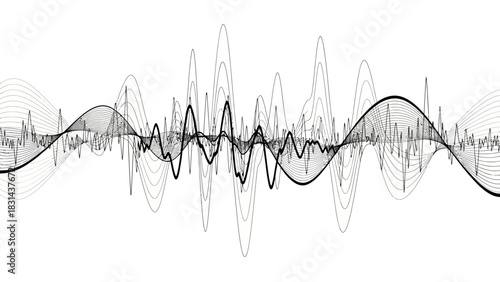 Dynamic sound wave visualization for music production, podcast audio editing, and digital signal processing analysis with modern black and white design